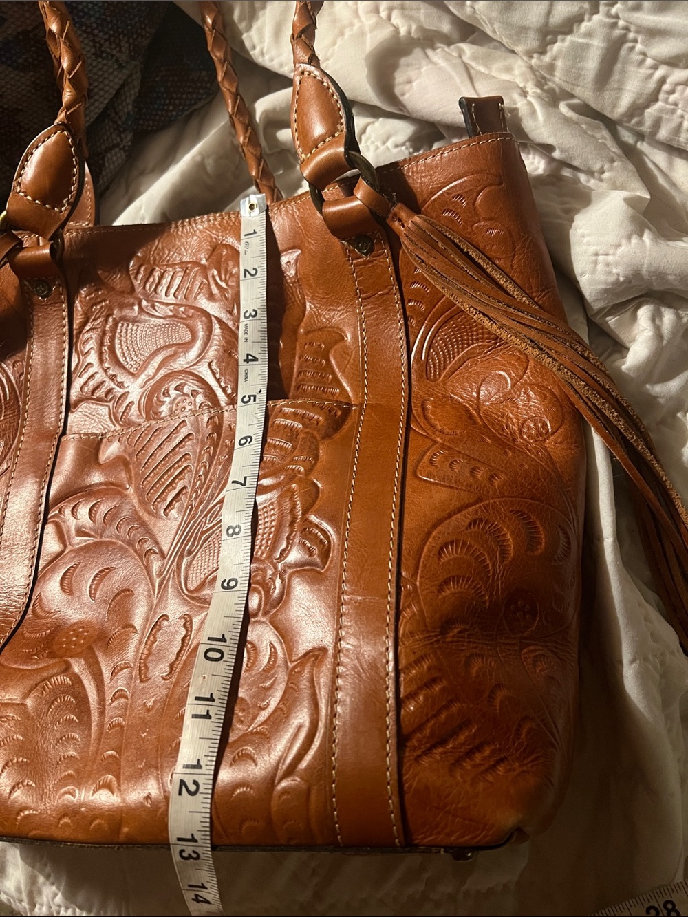 Patricia Nash Rena Burnished Brown Tooled Leather Tote Zip Top Tassels - Picture 11 of 11